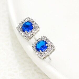 Women's Blue Square Simulated Dainty Diamond Halo Sparkling Stud Earring